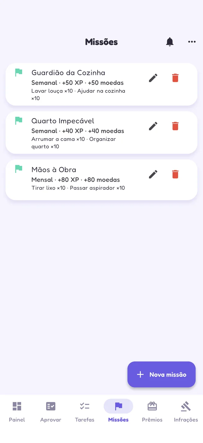 Lista de missões do DomusXP, semanais e mensais, com o bônus em XP e moedas de cada uma