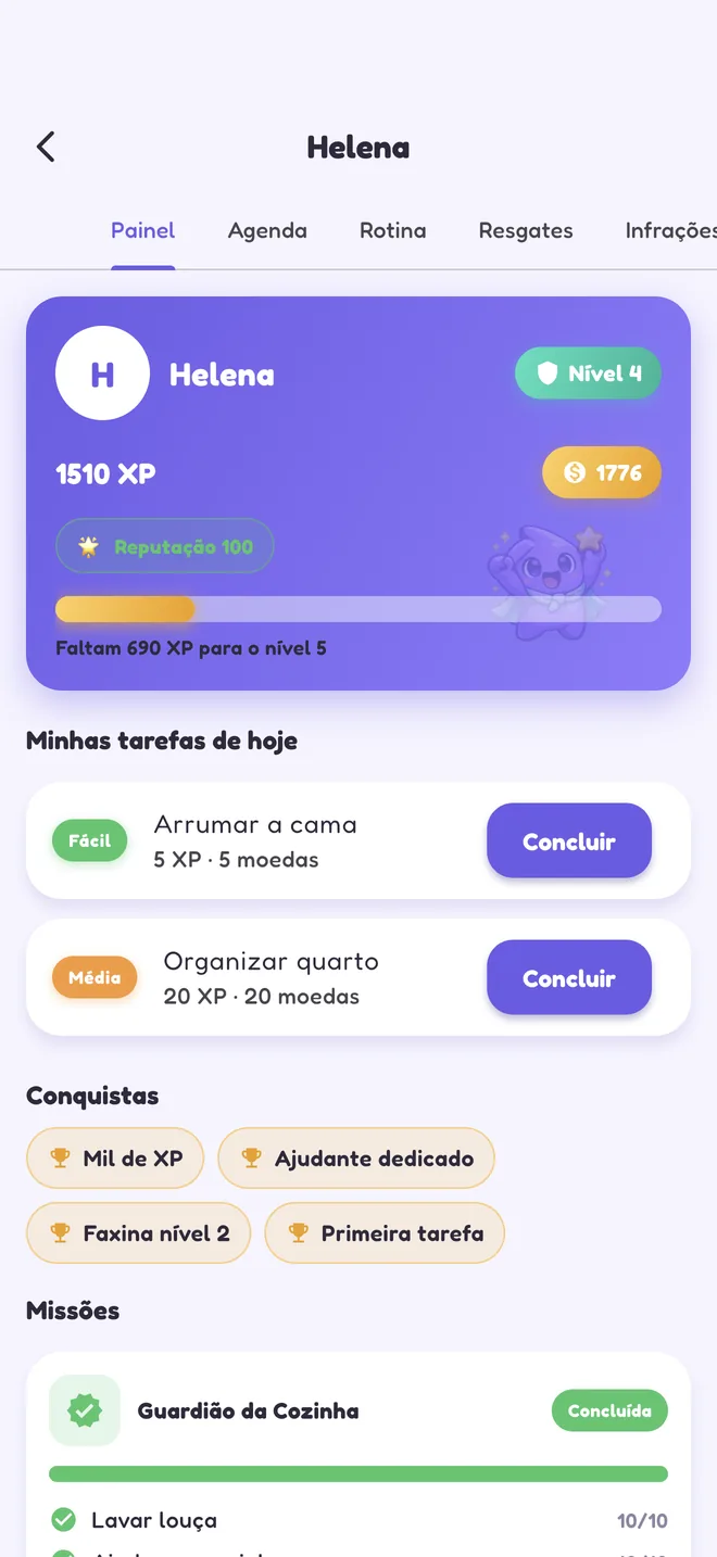 Perfil de uma filha no DomusXP, com nível, XP, moedas, reputação e as tarefas do dia