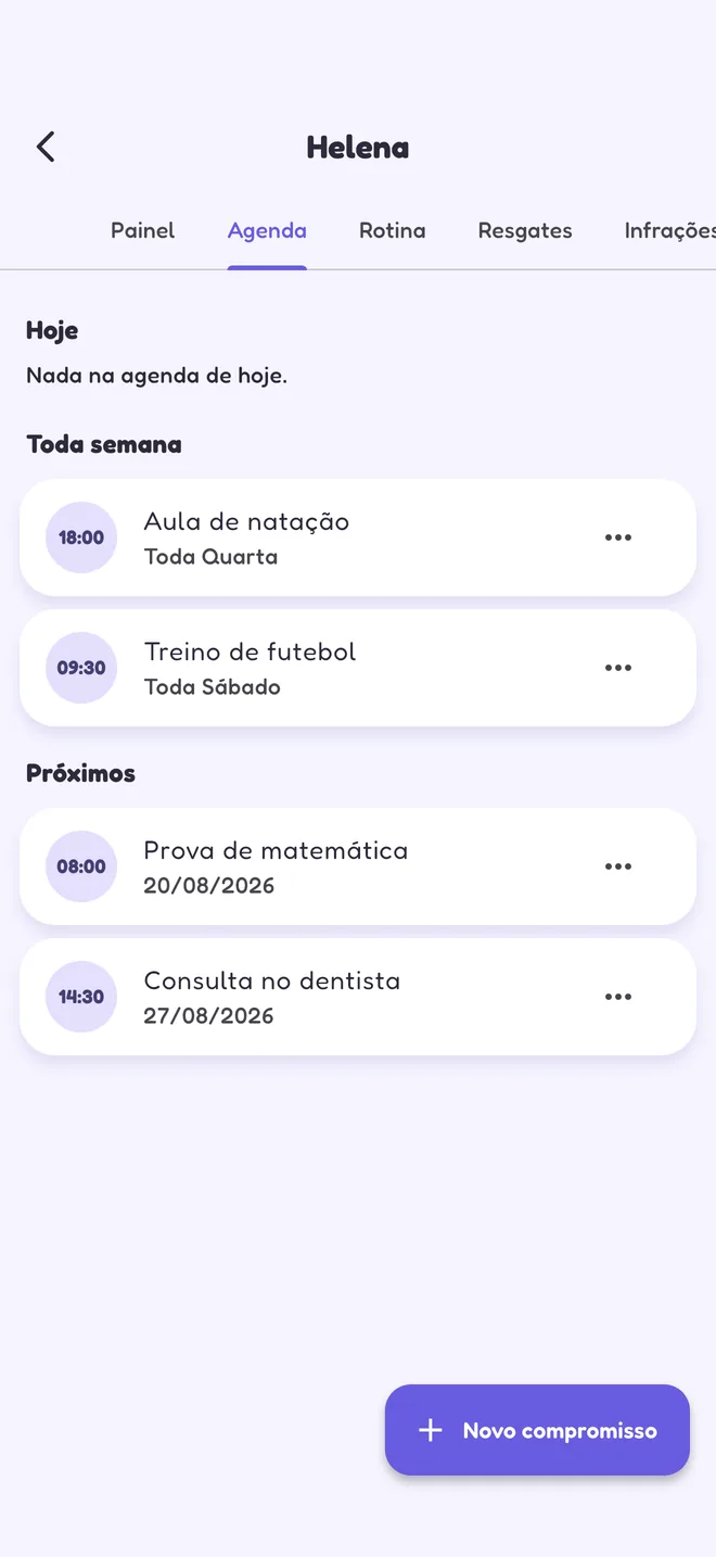Agenda de uma filha no DomusXP, com aula de natação, treino de futebol, prova e consulta no dentista