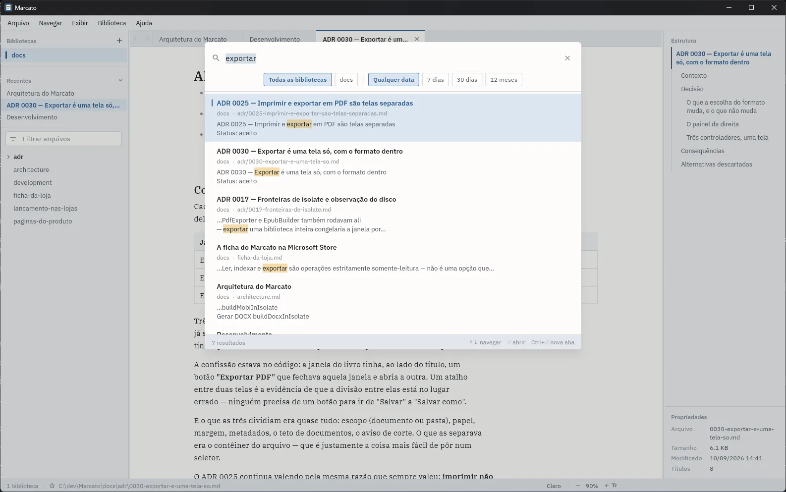 Busca global do Marcato, com os resultados e o trecho em volta de cada um