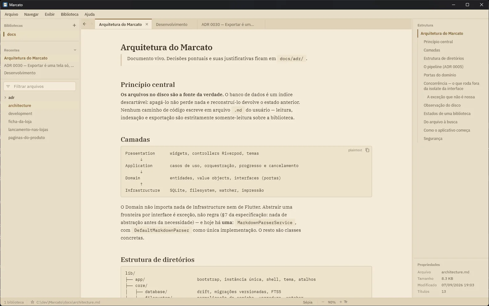 O Marcato no tema sépia, com a coluna de texto estreitada