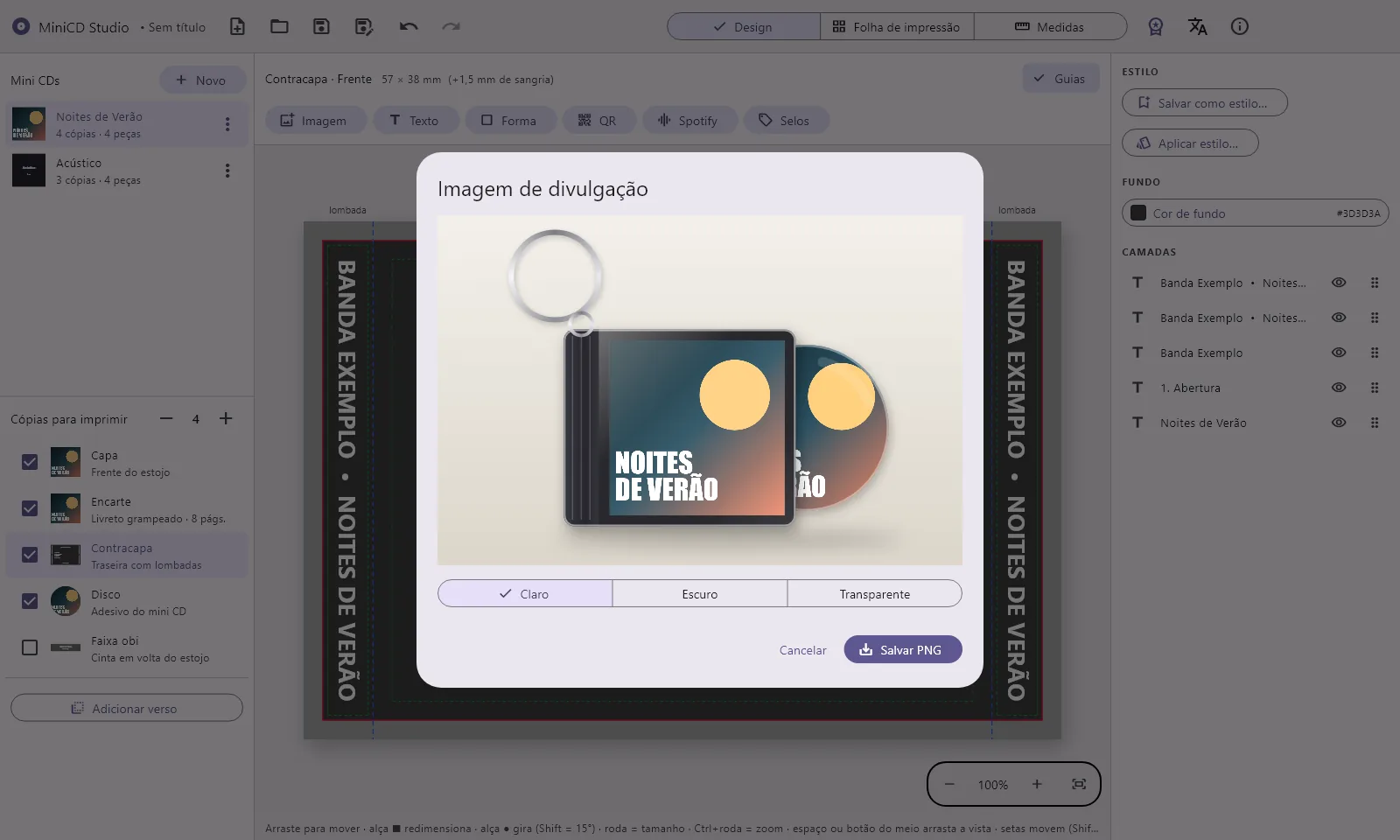 Janela de imagem de divulgação do MiniCD Studio, com o chaveiro mini CD montado em fundo claro