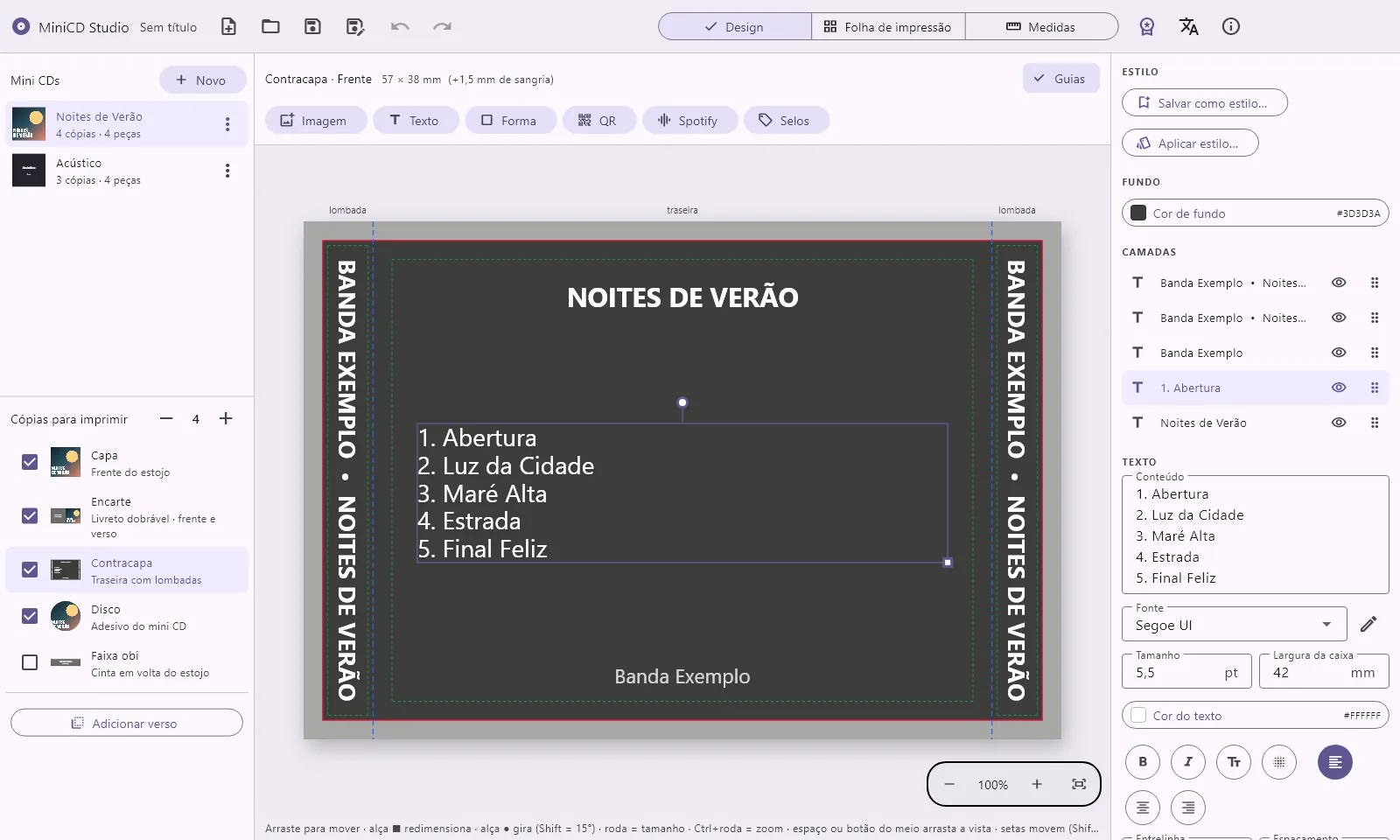 Contracapa no editor do MiniCD Studio, com as faixas na traseira e o título nas lombadas