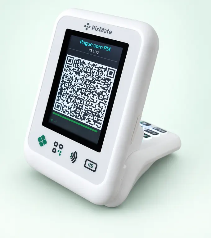 Terminal PixMate sobre a mesa, com o QR Code de uma cobrança Pix na tela, o símbolo de aproximação e o teclado